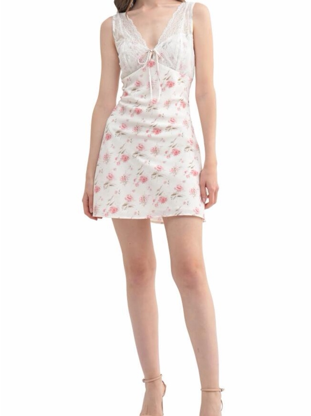 All in Favor Floral Lace Trim Chemise in White and Pink